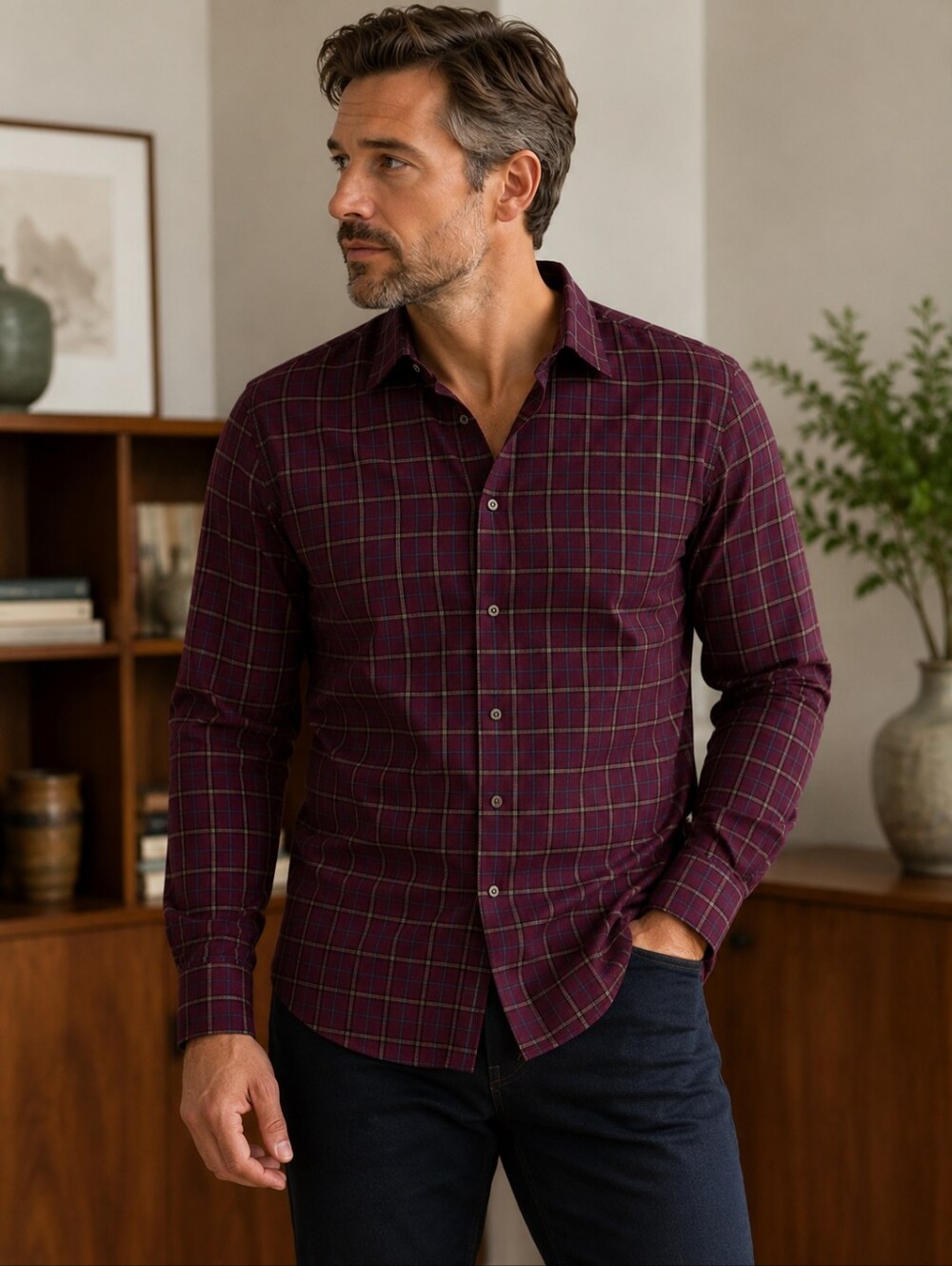 Brooks Brothers Burgundy Windowpane Shirt Mens L Cotton